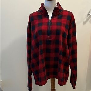 Lands' End Men's Red and Black Plaid Zip-Up Fleece Pullover